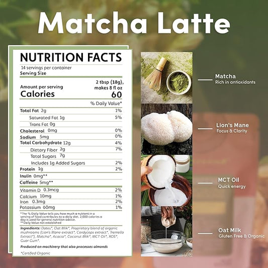 Miraculous Mushrooms Instant Matcha Latte by Teeccino – 12 servings - Organic Matcha Latte with MCT Oil and Adaptogenic Mushrooms - Lion’s Mane, Cordyceps & Tremella – Antioxidants, Low Caffeine, Prebiotic - 8.9 ounces