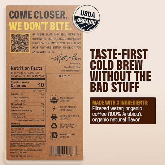 Wandering Bear Organic Caramel Cold Brew Coffee On Tap, Iced Coffee Drink - Extra Strong, Bold, Smooth, No Sugar Added, Shelf-Stable, Ready to Drink,Gluten Free & Vegan -16 Servings of 6fl.oz -96fl.oz
