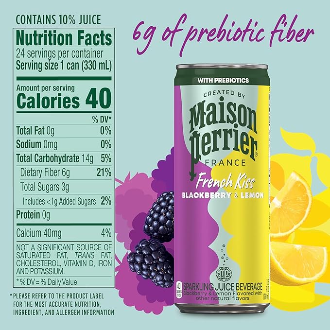 Maison Perrier French Kiss Sweetened Sparkling Juice Beverage, Blackberry & Lemon Flavors With Real Fruit Juices, 24Pk