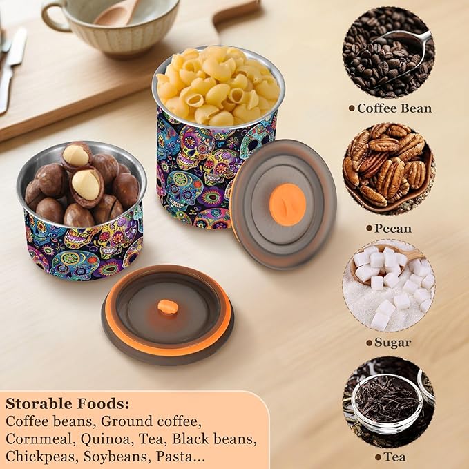 ALAZA Sugar Skulls Day Of Dead Airtight Coffee Bean Canister 500ml Food Storage Containers with Lids For Gournd, Tea, Sugar, Flour, Rice, Cereal, Candy Cookie Jar