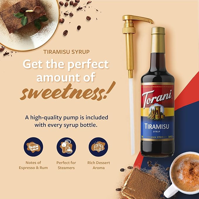 Torani Coffee Syrup, Tiramisu Flavoring for Drinks, Glass Bottle with Pump Included, 25.4 Fl Oz
