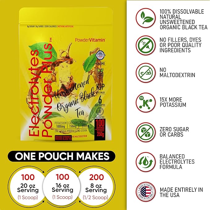 PowderVitamin Electrolytes Powder Plus (100 Servings) Unsweetened Black Tea Electrolyte Powder Keto,SugarFree,Pink Himalayan Salt,1000mgPotassium,150mgCalcium,150mgMagnesium,Hydration Powder NO STEVIA