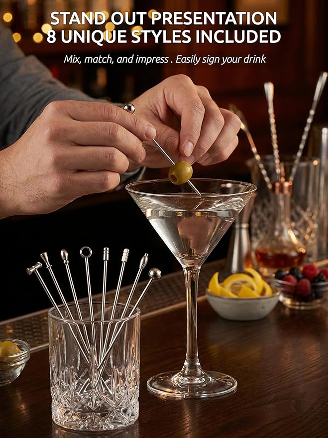 DEMIGO Cocktail Picks, 8 New Styles Stainless Steel Reusable Olive Stuffers Martini Picks set Fruit Toothpicks Garnish Skewers Appetizer Drink Stick for Bar party, Barbeque Snacks, Club sandwiches