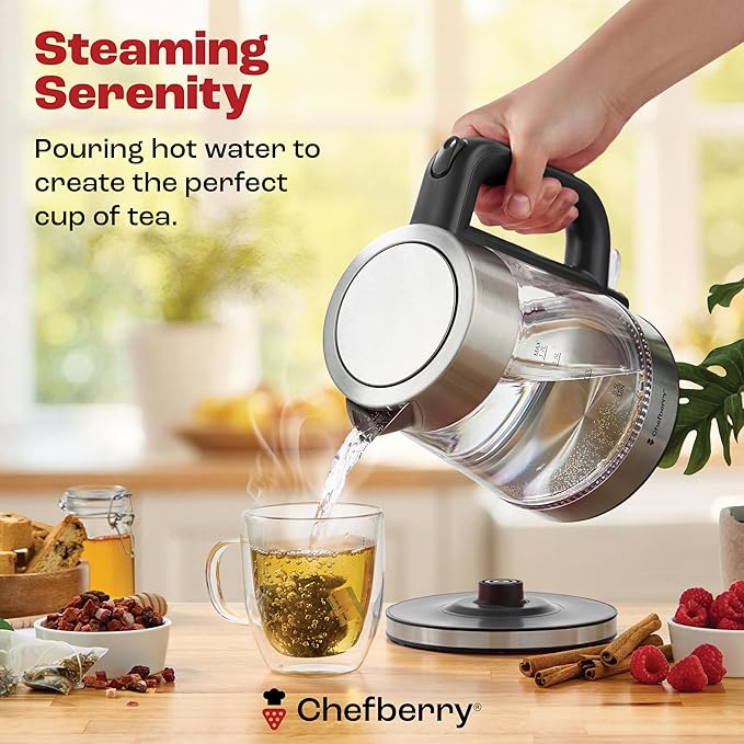 Electric Kettle for Boiling Hot Tea & Water | 1.7L Stainless Steel Borosilicate Glass Boiler With No Plastic, Automatic Shutoff, BPA Free, Fast Heating Technology (Black)