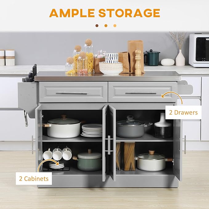 HOMCOM Rolling Kitchen Island Cart with 47" Stainless Steel Top, Portable Island Table for Kitchen with Wheels, Adjustable Shelves, 2 Drawers, Spice, Knife and Towel Rack, Gray