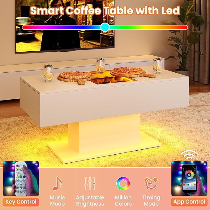 LED Coffee Table, 44" 3-Drawers Modern Coffee Table with Storage and Charging Station, for Living Room, White