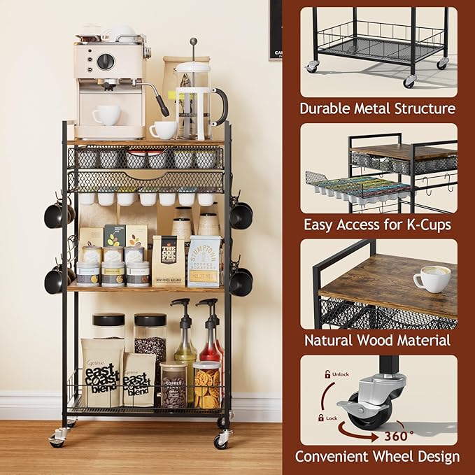 Coffee Bar Station with Storage Drawer - 5 Tier Coffee Table Countertop Organizer for K Cups, Tea Bags, Sugar Storage and Kitchen Cabinets (Brown)