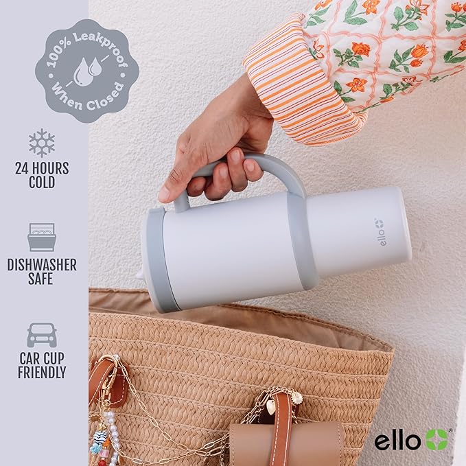 Ello Oasis 24 oz Tumbler with Handle & Retracting Straw | Reusable Insulated Stainless Steel Cup 100% Leakproof, Gifts for Teens Women Men | Keeps cold for 24 Hours, Cup Holder Friendly, Grayscale