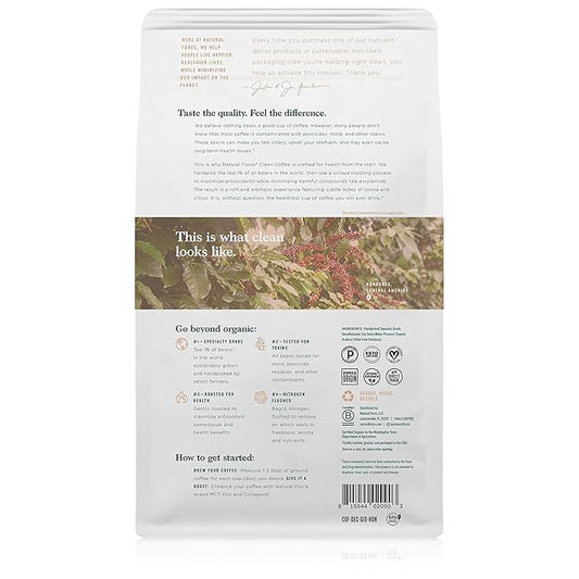 Natural Force - Organic Clean Decaf Coffee, Mold & Mycotoxin Free, Lab Tested for Toxins & Purity, Low Acidity, Incredible Taste & Aroma, Ground Swiss Water Decaf Medium Roast, 10 oz