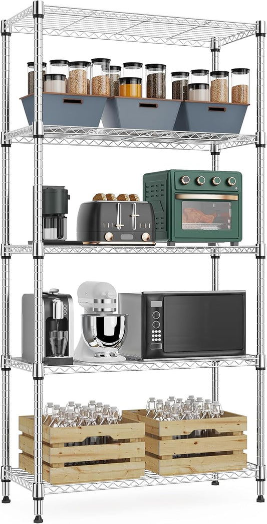 M MZG 1250 lbs 5 Tier Shelf Metal Storage Shelves Wire Rack Closet Organizers with Wheel for Garage Kitchen Bathroom Laundry Chrome 13.7" D x 23.6" W x 62.4" H