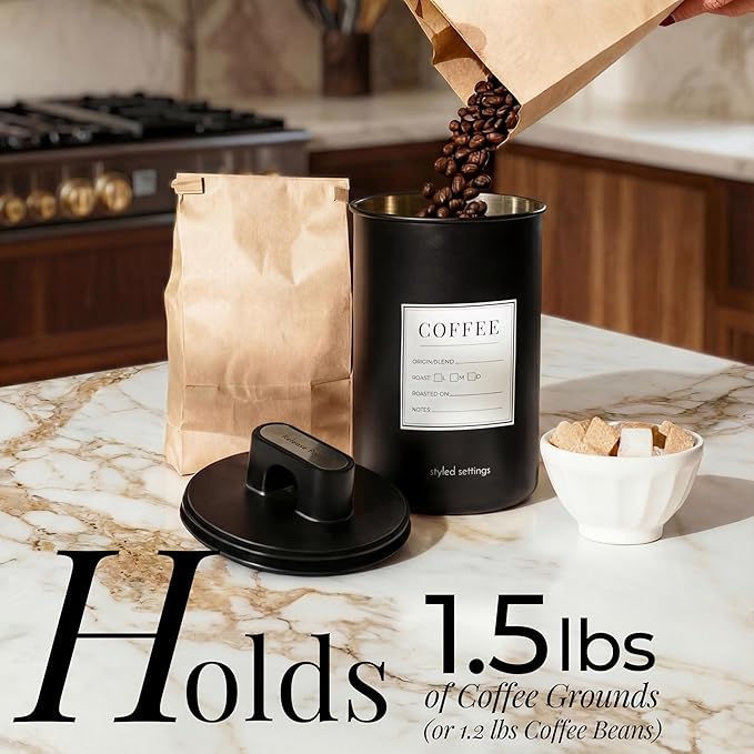 Coffee Storage Container - Airtight Vacuum Coffee Canister with Scoop and Label - Matte Black Canister Holds 1.2 lbs Beans or 1.5lbs Grounds, Dual-Lid Freshness System - Perfect for Gifting