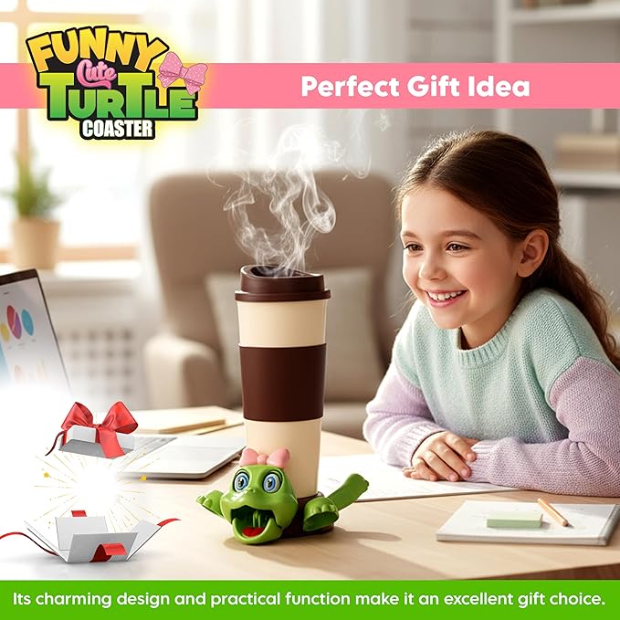 Funny Turtle Coaster, Cute Turtle with Pink Bow & Funny Face Expression,Turtle Cup Holder, Coaster for Desk & Home Decor, Gag Gift for Tortoise Lovers