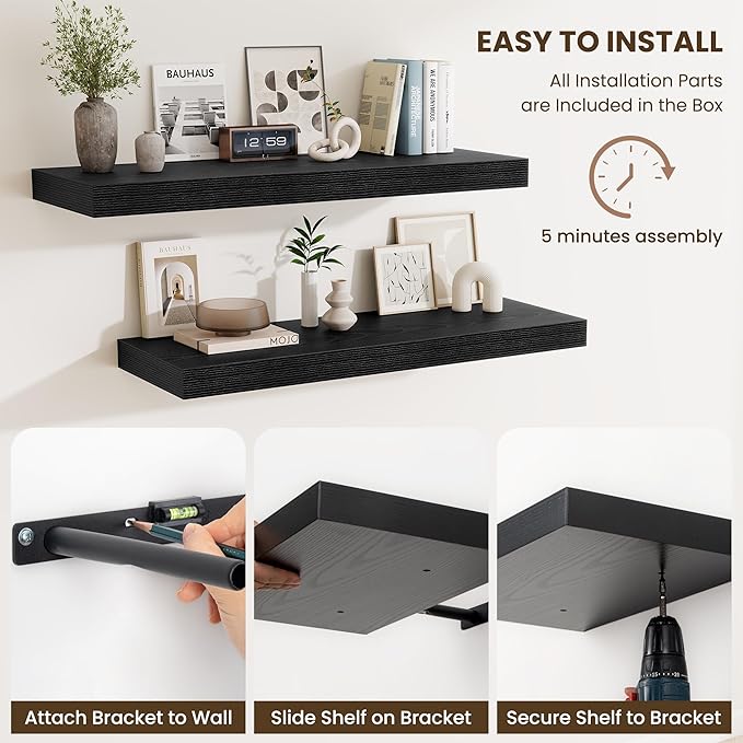 Fun Memories Floating Shelves for Wall, 40 Inch Floating Shelf for Home Decor, Wall Mounted Rustic Wood Shelves 12 Inch Deep, Hanging Deep Shelf for Bedroom, Living Room, Kitchen, White, Set of 2