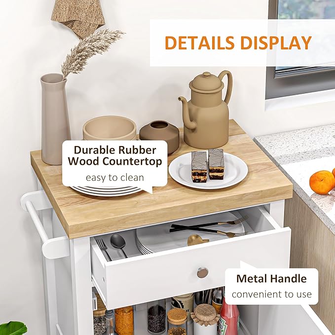 HOMCOM Utility Kitchen Cart, Rolling Kitchen Island with Smooth Rubberwood Top, Narrow Butcher Block Surface on Wheels with Storage Drawer & Cabinet, White