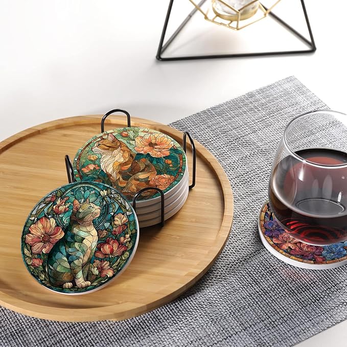 LOKMU Coasters for Drinks,Round Absorbent Ceramic Stone Coaster Sets of 6 with Metal Holder Stand,Stained Glass Cat and Flowers Coasters with Cork Base for Coffee Wooden Table,Housewarming Gifts