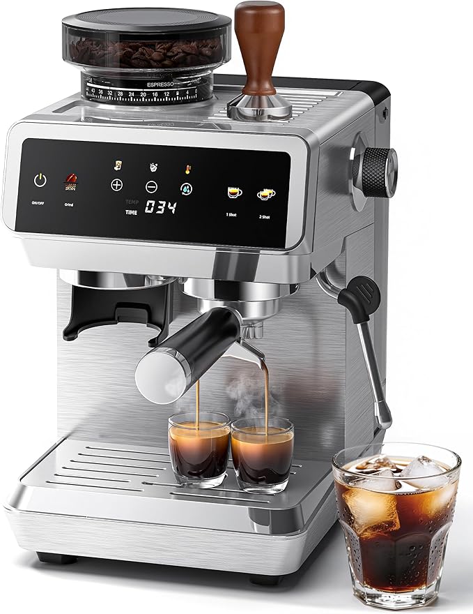 AMZCHEF Espresso Machine with Grinder: 20 Bar Semi Automatic Coffee Machine with 44 Grind Settings, 4-Temperature for Hot & Cold Brew | 8mm Milk Frother for Latte & Cappuccino,Stainless Steel