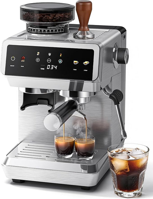 AMZCHEF Espresso Machine with Grinder: 20 Bar Semi Automatic Coffee Machine with 44 Grind Settings, 4-Temperature for Hot & Cold Brew | 8mm Milk Frother for Latte & Cappuccino,Stainless Steel