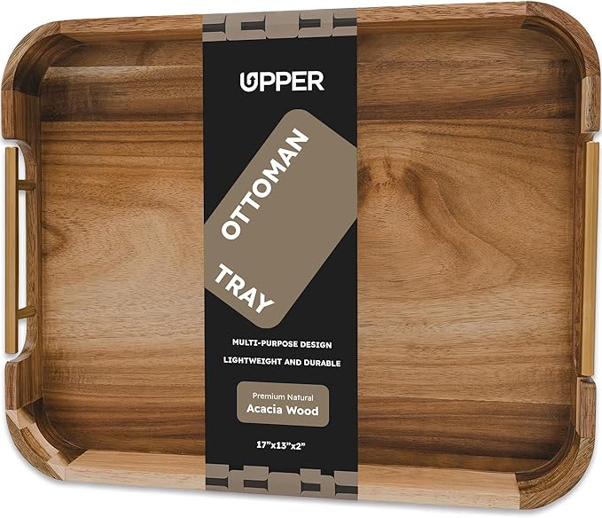 Upper Acacia Wood Ottoman Tray 17x13 Inches with Handles, Decorative Serving Tray for Coffee Table, Breakfast Tray with Anti-Skid Pads