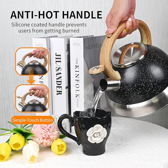 3 Quart Stainless Steel Whistling Tea Kettle – Natural Stone Finish Teapot with Cool-Touch Wood Handle, Loud Whistle & Rust-Resistant Base(black)