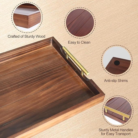 Ottoman Tray, Large Wooden Serving Tray with 2 Sets of Handles for Coffee Table, Rustic Living Room Kitchen Decor, 4 Round Coasters Included, Dark Brown