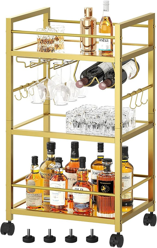 Bar Cart, Serving Cart for Home, Microwave Cart, Drink Cart, Mobile Kitchen Shelf with Wine Rack and Glass Holder, Rolling Beverage Cart for Dining Room, Gold