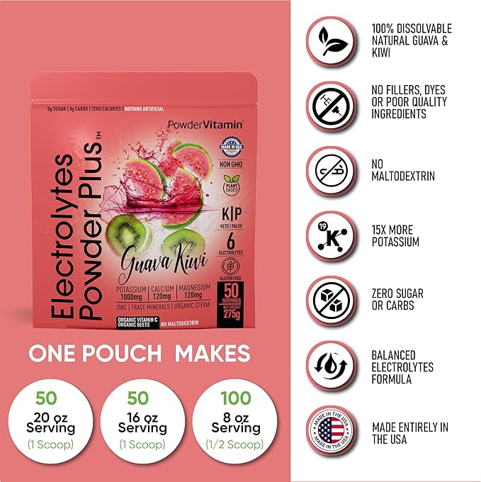 PowderVitamin Electrolytes Powder Plus (50 Servings) Guava Kiwi Electrolyte Powder Zero Calorie Keto, 0 Sugar, No Maltodextrin,1000mg Potassium,120mg Calcium,120mg Magnesium, Hydration Powde