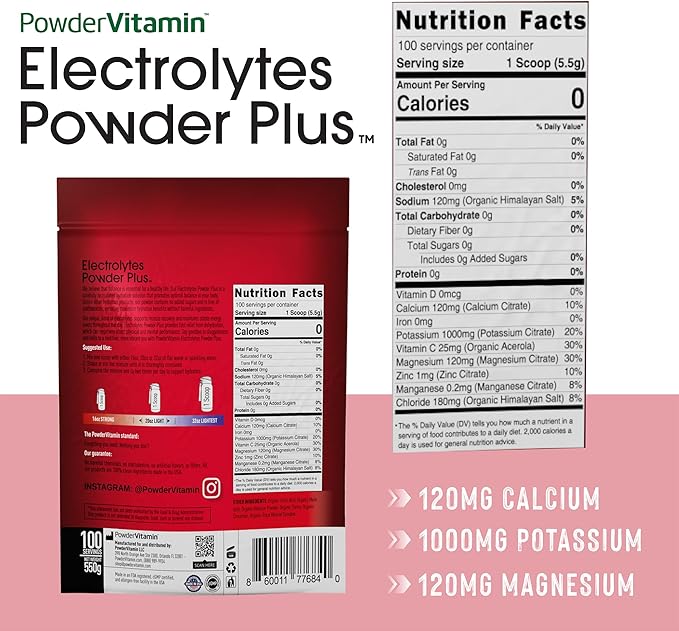 PowderVitamin Electrolytes Powder Plus (100 Servings) Hibiscus Electrolyte Powder Zero Calorie Keto,0 Sugar, No Maltodextrin,1000mg Potassium,120mg Calcium,120mg Magnesium, Hydration Powder