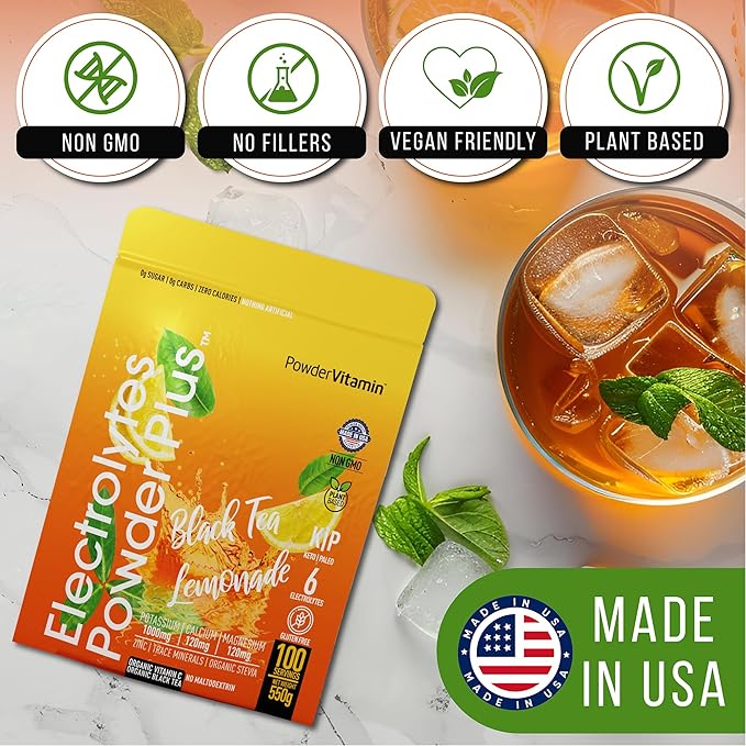 PowderVitamin Electrolytes Powder Plus (100 Servings) Black Tea Lemonade Electrolyte Powder Zero Calorie Keto,0 Sugar, No Maltodextrin,1000mg Potassium,120mg Calcium,120mg Magnesium, Hydration Powder