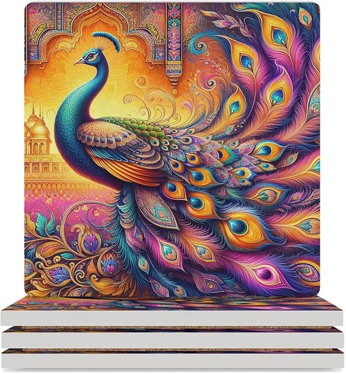 Peacock Drink Coasters, Square Ceramic Drink Coaster Square-4PCS, Boho Art Beautiful Colorful Floral Peacock Pattren Decor Absorbent Ceramic Coasters for Beverage Cup, Bar, Coffee Table
