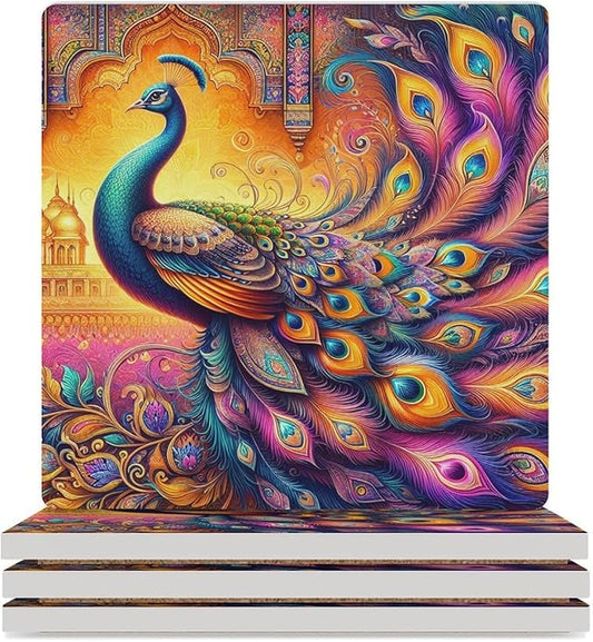 Peacock Drink Coasters, Square Ceramic Drink Coaster Square-4PCS, Boho Art Beautiful Colorful Floral Peacock Pattren Decor Absorbent Ceramic Coasters for Beverage Cup, Bar, Coffee Table