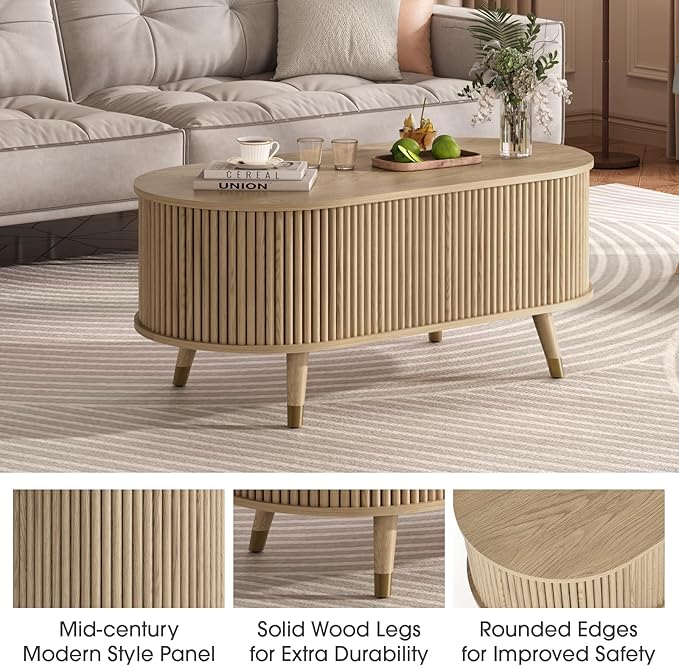 42.5" Oval Lift Top Coffee Table with Storage, Modern Oak Center Table with Fluted Design, Solid Wood Legs & Hidden Compartment, Pop Up Cocktail Table for Living Roomm