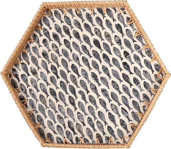 Hexagon Rattan Tray with Mother of Pearl Inlay, Rattan Serving Tray for Coffee, Bread, Fruits, Snacks, Decorative Wicker Tray for Table Decor, Home Decor (Little Bluefish, 14.5"×12.8")