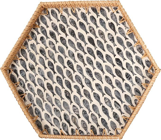 Hexagon Rattan Tray with Mother of Pearl Inlay, Rattan Serving Tray for Coffee, Bread, Fruits, Snacks, Decorative Wicker Tray for Table Decor, Home Decor (Little Bluefish, 14.5"×12.8")