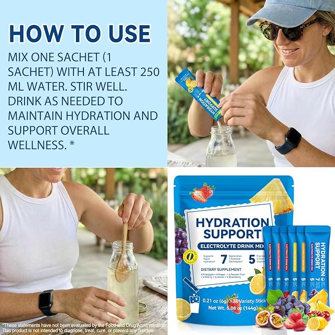 Electrolytes Powder Packets, Hydration Powder Drink Mix - 7 Essential Electrolytes, 5 Vitamins for Hydration & Nutrients Replenishment, Vitality Support, Sugar Free - 24 Packets/6 Flavors