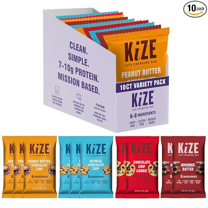 KiZE Energy Bars - Best Sellers Variety Pack - Gluten Free, Dairy Free Options, Non-GMO, and High Protein Meal Replacement Energy Bars, Clean and Simple Food Ingredients - 7-10g High Protein Snacks, (10 Count)