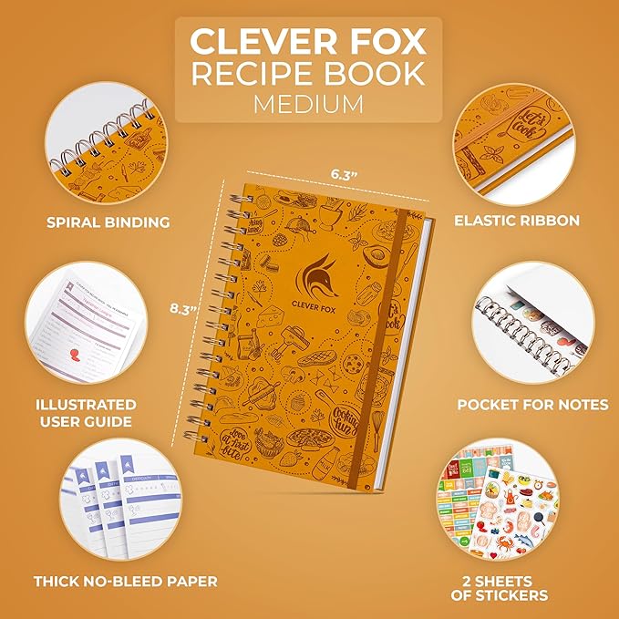 Clever Fox Recipe Book Spiral – Make Your Own Family Cookbook – Blank Recipe Notebook Organizer – Empty Cooking Journal to Write in Recipes – Medium Size, 6.3”x8.3”, Hardcover (Amber Yellow)