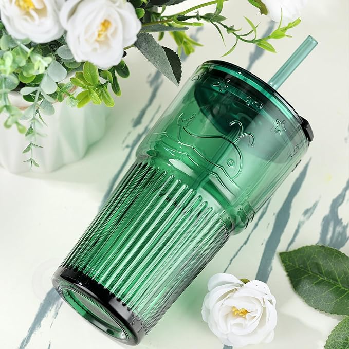 Joeyan Green Glass Tumbler with Lid and Straw,Embossed Iced Coffee Cups with Whale Pattern,Colored Striped Drinking Jars,Water Juice Beverages Soda Glasses,18.5 oz,Set of 2,Dishwasher Safe