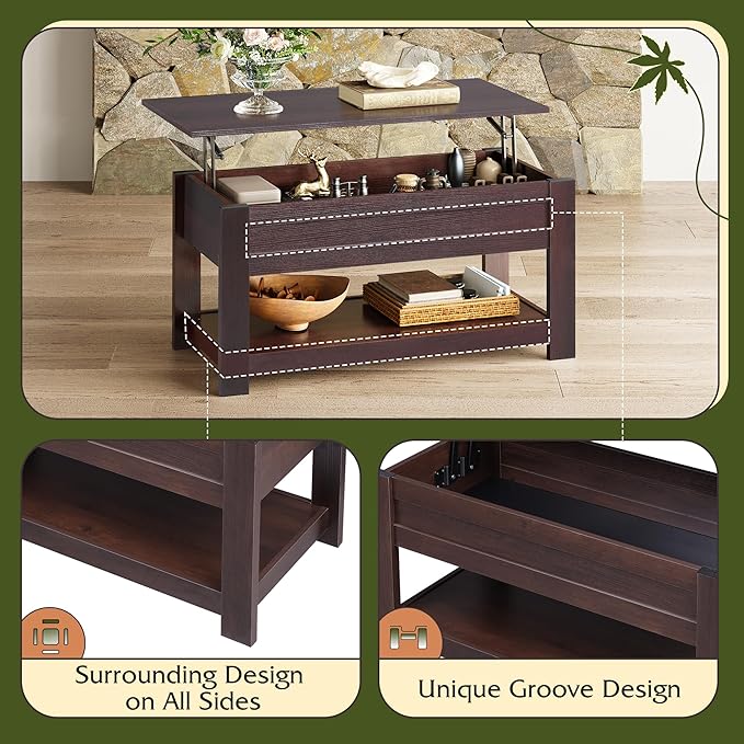 WLIVE Coffee Table, 39" Lift Top Coffee Table with Hidden Compartment, Storage Shelf and Lifting Top for Home Living Room, Office and Bedroom, Red-Brown