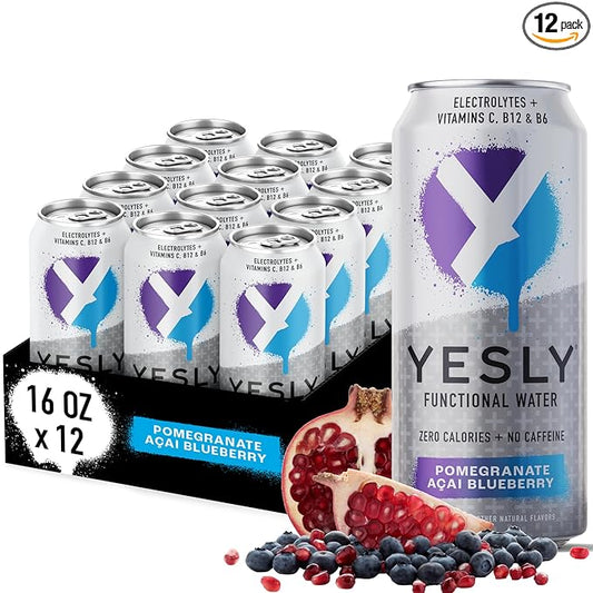 Yesly Functional Water, Pomegranate Acai Blueberry, Naturally Flavored Still Water with Electrolytes, Magnesium, Potassium, Vitamin C, B6 & B12, Zero Sugar, No Artificial Sweeteners, 16 Fl Oz Cans, 12 Pack