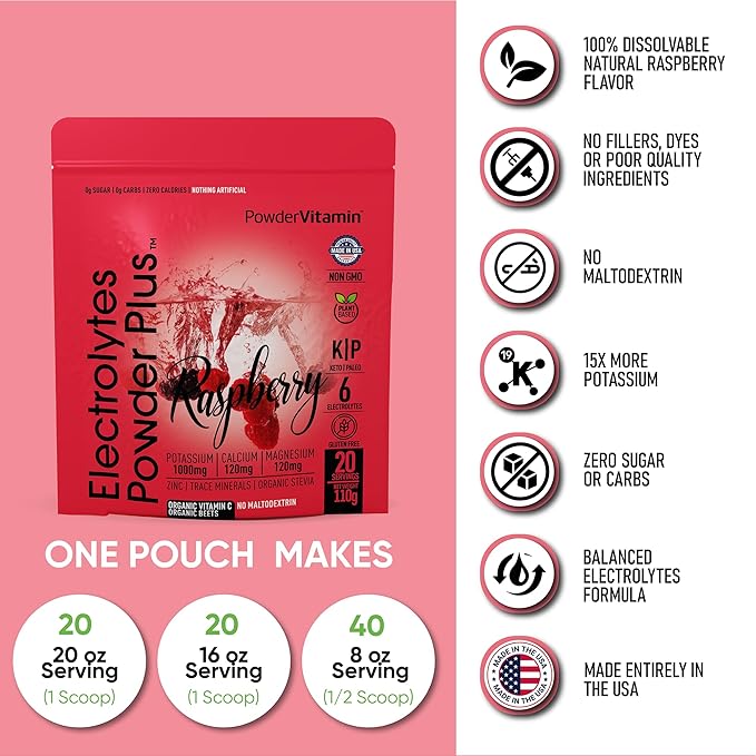 PowderVitamin Electrolytes Powder Plus (20 Servings) Raspberry Electrolyte Powder Zero Calorie Keto,0 Sugar, No Maltodextrin,1000mg Potassium,120mg Calcium,120mg Magnesium, Pink Himalayan Salt
