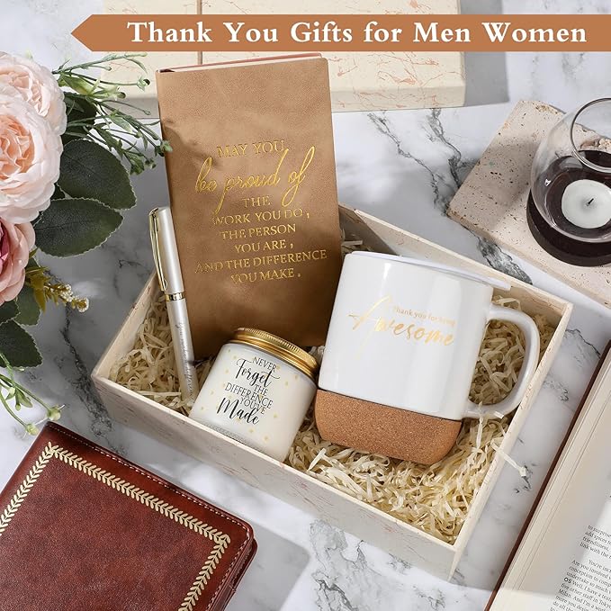 4 Pcs Thank You Gift for Women Men Employee Coworker Inspirational Appreciation Gifts Notebook Coffee Mug Scented Candle Pen Gift for Valentine's Day Team Office Staff Nurse Volunteer(Khaki)