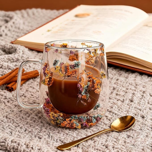 Double Wall Glass Coffee Mugs, Cute Clear Flower Cups with Handle, Unique Double Insulated Glass Cup for Cappuccino Tea Espresso Latte Hot Beverages, Birthday Gifts for Mother Women (12oz)