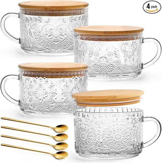 YORY 4-Pack Vintage Glass Mugs with Bamboo lids and Spoons Coffee Tea Cups Gifts for Women Overnight Oats Containers 14oz,