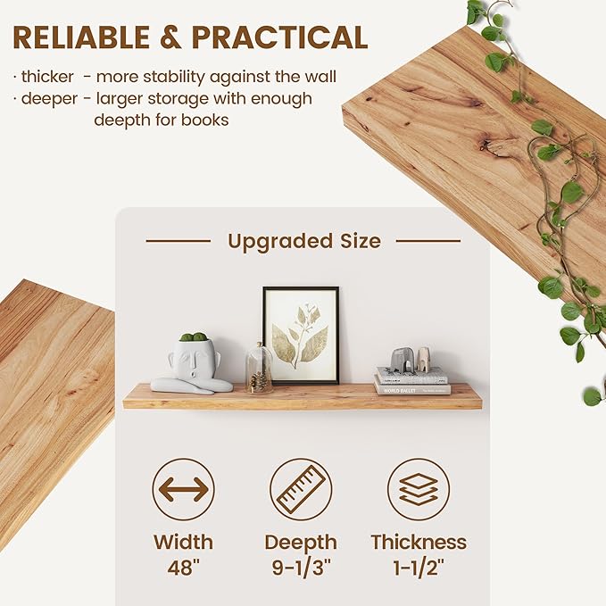 Reclaimed Elm Wood Floating Shelf for Wall, Live Edge 48"W x 9.2"D x 1.4"H, 1 Pack with Invisible Bracket, Large Wall Mounted Shelf for Living Room Bedroom Kitchen Bathroom Decor, Natural Finish