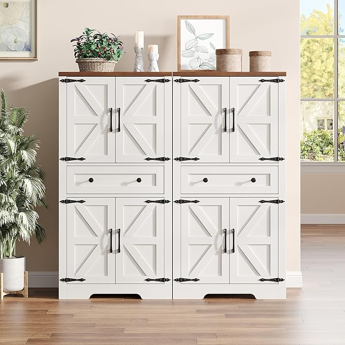 47" Tall Kitchen Pantry Storage Cabinet with Barn Doors and Shelves, White Farmhouse Linen Storage Cabinet With Drawers, Free standing Food Pantry Cabinets for Kitchen, Dining Room, Living Room