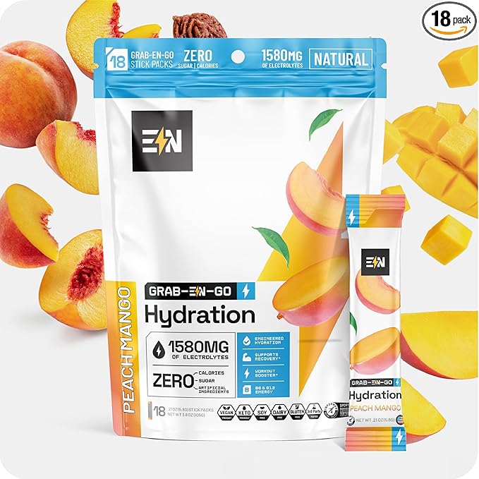 Engineered Nutrition Sugar-Free Electrolyte Powder Packets - Peach Mango - Keto Hydration Packets with Magnesium, Potassium & Sodium - Zero Calorie, Vegan, Non-GMO, Gluten-Free - 18 Single Servings
