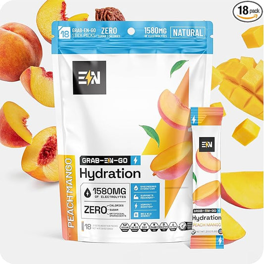 Engineered Nutrition Sugar-Free Electrolyte Powder Packets - Peach Mango - Keto Hydration Packets with Magnesium, Potassium & Sodium - Zero Calorie, Vegan, Non-GMO, Gluten-Free - 18 Single Servings