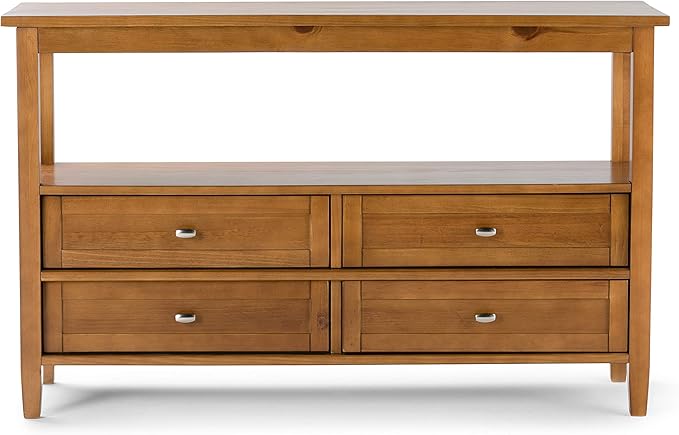 SIMPLIHOME Warm Shaker Console Table - 48 Inch Wide Solid Wood Sofa Table in Light Golden Brown, Transitional Storage Table for Living Room with 4 Drawers, Open Shelf, and Brushed Nickel Knobs
