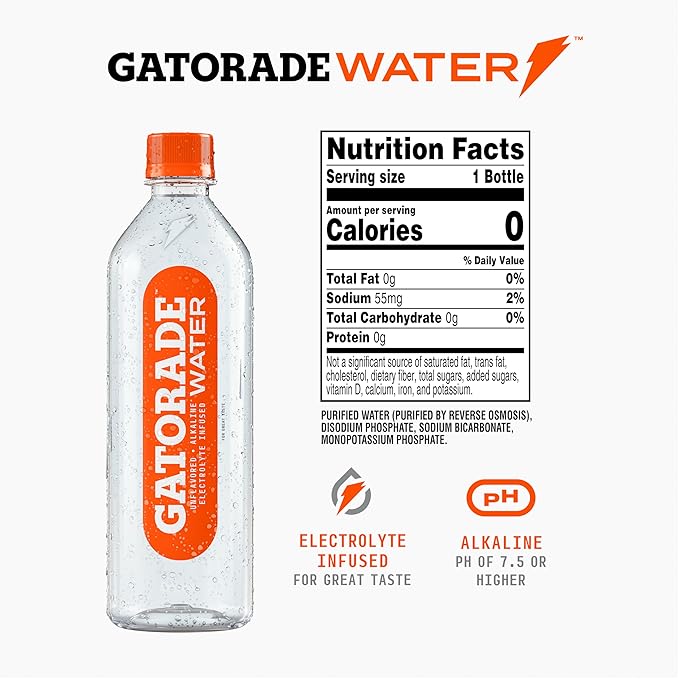 Gatorade Water, Unflavored, Electrolyte infused for great taste, Alkaline PH 7.5 or higher, 20 Fl Oz (Pack of 12)