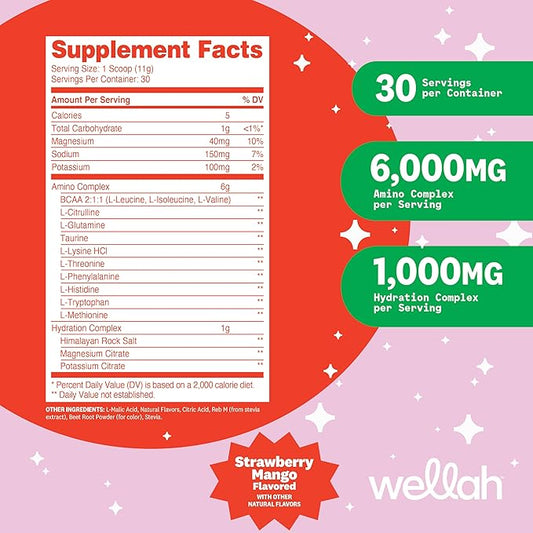 Wellah So Long Soreness BCAA Powder (Strawberry Mango Flavored) 30 Servings - with Hydration Complex